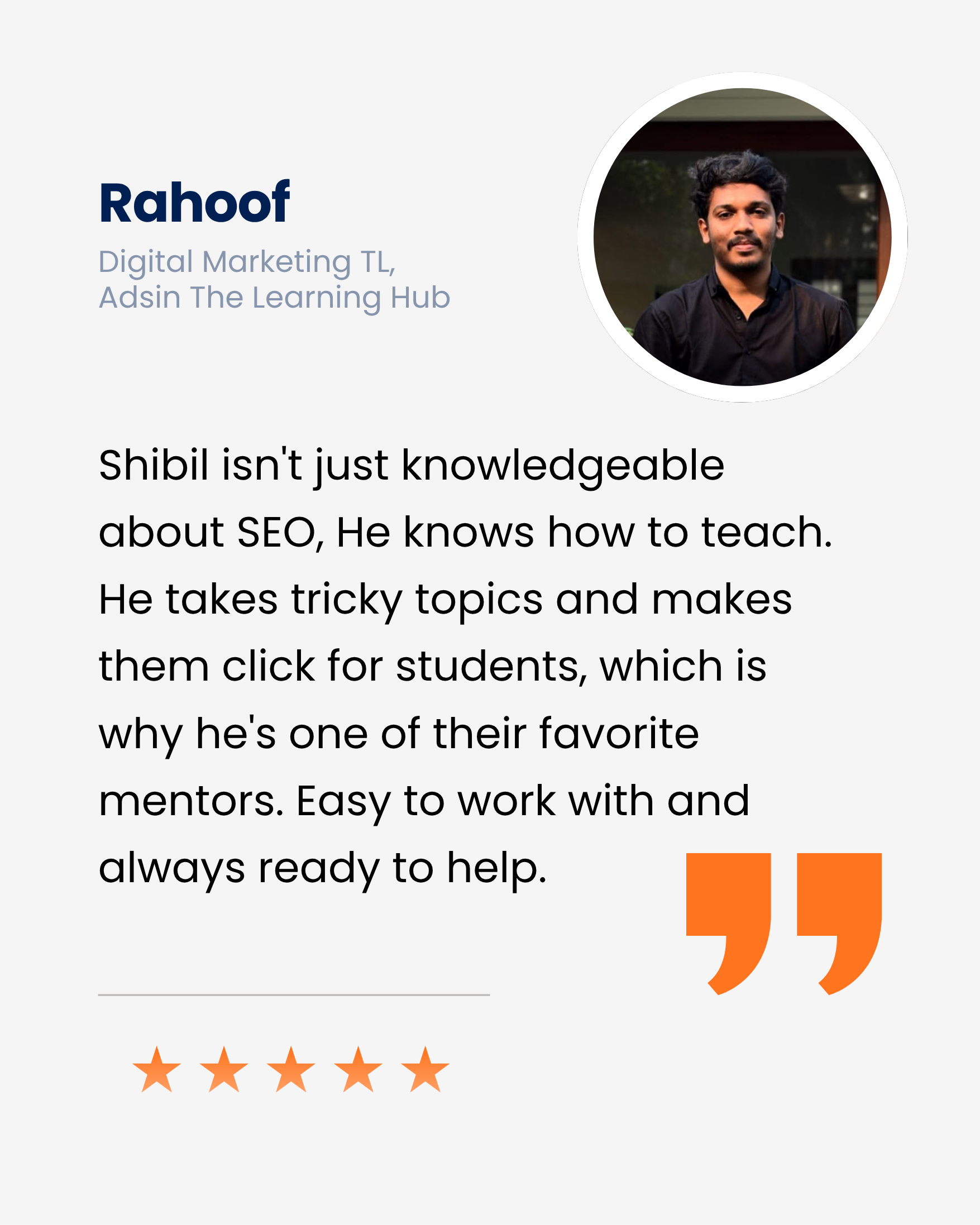 Testimonial image abouit the digital marketing strategist in Malappuram