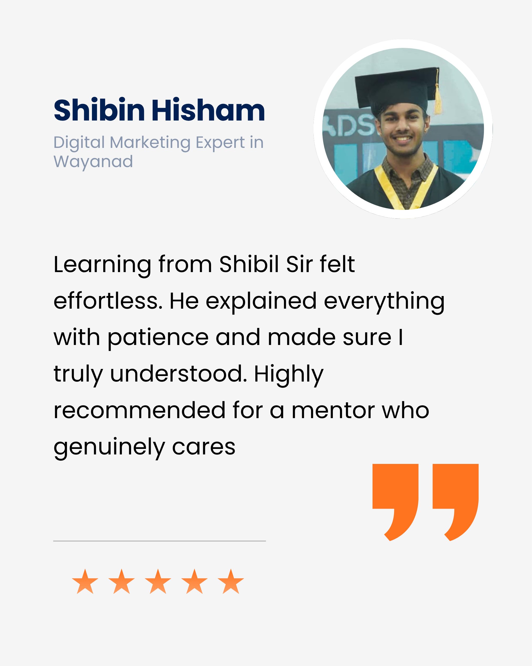 Testimonial image abouit the digital marketing strategist in Malappuram