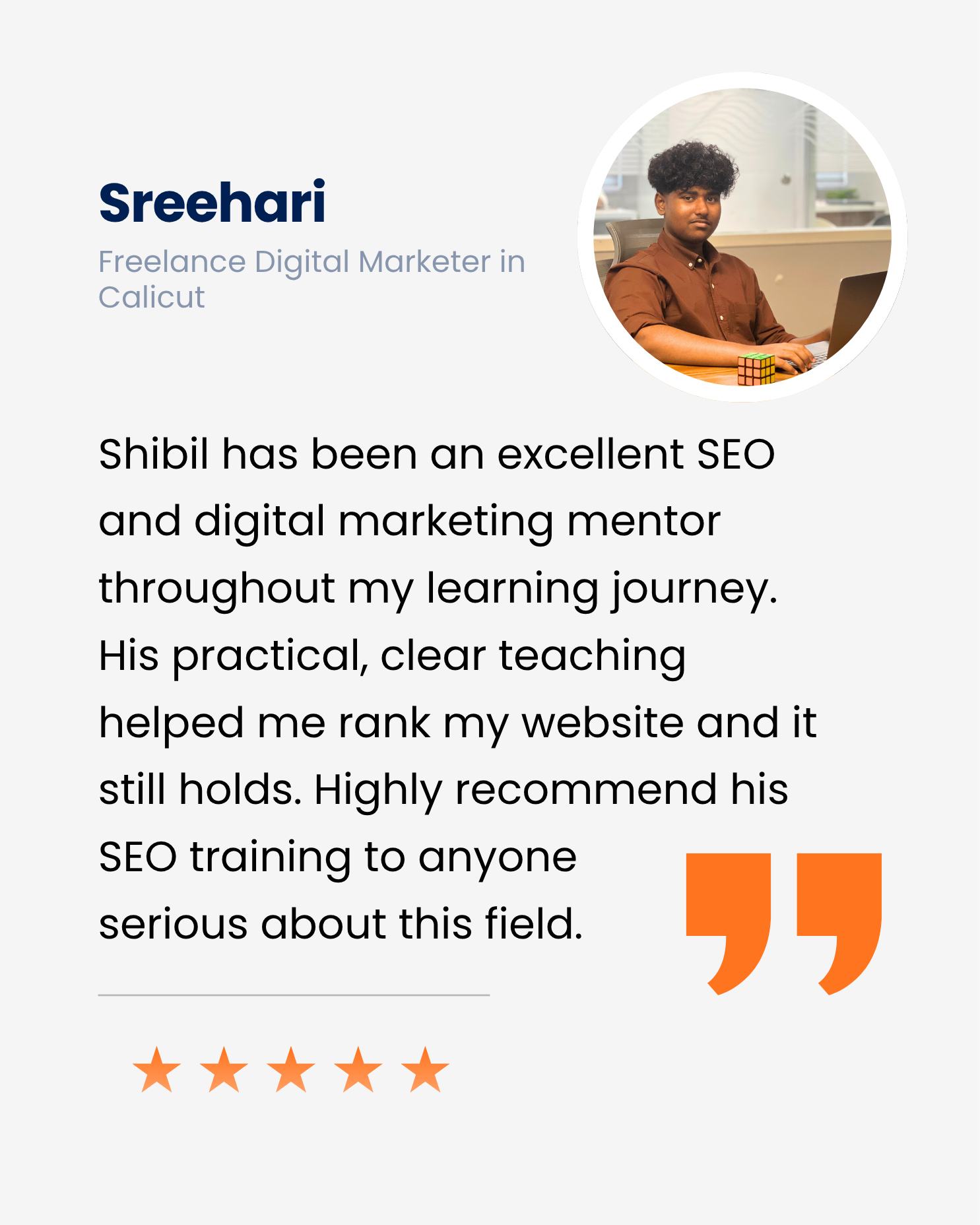 Testimonial image abouit the digital marketing strategist in Malappuram